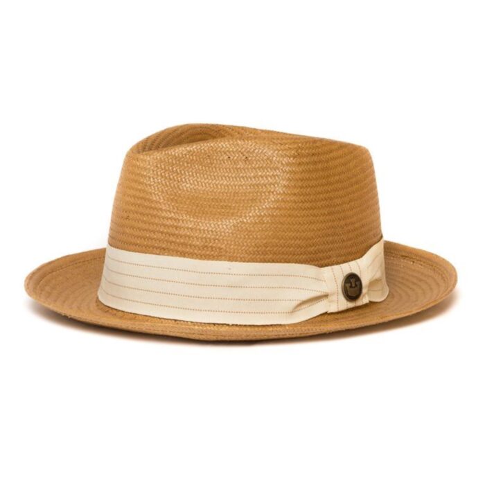 Dr-Tumbletys-Apothecary-inspired-by-spirits-distilling-company-Pittsburgh-goorin-bros-hat-fedora-gangster-miami-straw-natural-tan-camel-straw-grosgrain-snare-pinched-white-band