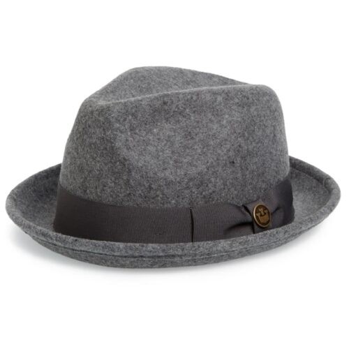 Dr-Tumbletys-Apothecary-inspired-by-spirits-distilling-company-Pittsburgh-goorin-bros-hat-fedora-wool-charcoal-grey-black-gangster-grosgrain-good-boy-black-band-pinched-tear-drop-short-brim-curled